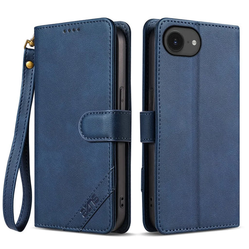 AZNS A2 for iPhone 17e  /  16e Leather Case with Wrist Strap RFID Blocking Wallet Stand Phone Cover - Blue - 1