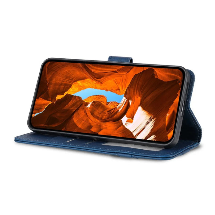 AZNS A2 for iPhone 17e  /  16e Leather Case with Wrist Strap RFID Blocking Wallet Stand Phone Cover - Blue - 3
