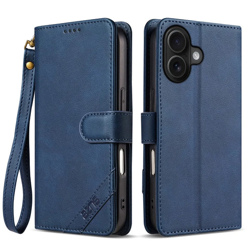 AZNS A2 for iPhone 16 Leather Case with Wrist Strap RFID Blocking Wallet Stand Phone Cover - Blue - 1