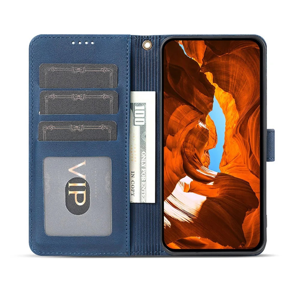 AZNS A2 for iPhone 16 Leather Case with Wrist Strap RFID Blocking Wallet Stand Phone Cover - Blue - 2