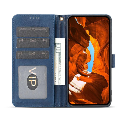 AZNS A2 for iPhone 16 Leather Case with Wrist Strap RFID Blocking Wallet Stand Phone Cover - Blue - 2