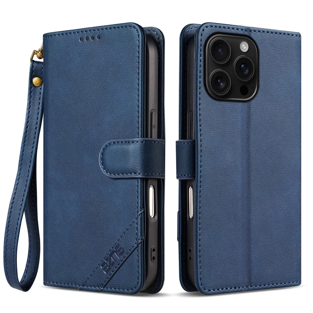 AZNS A2 for iPhone 16 Pro Leather Case with Wrist Strap RFID Blocking Wallet Stand Phone Cover - Blue - 1