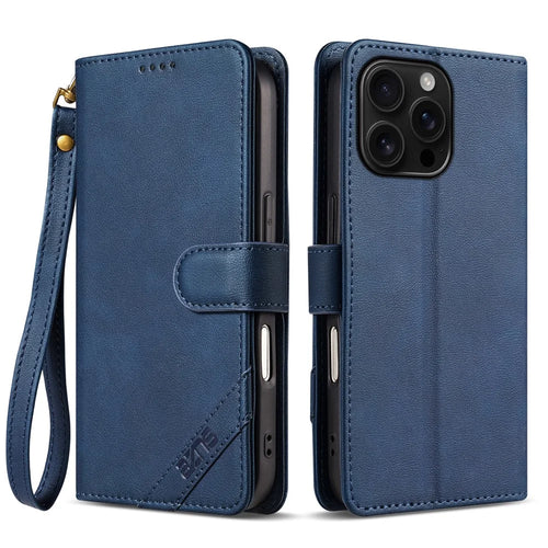 AZNS A2 for iPhone 16 Pro Leather Case with Wrist Strap RFID Blocking Wallet Stand Phone Cover - Blue - 1