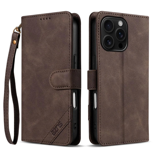 AZNS A2 for iPhone 16 Pro Max Leather Case with Wrist Strap RFID Blocking Wallet Stand Phone Cover - Brown - 1