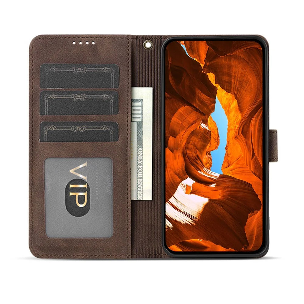 AZNS A2 for iPhone 16 Pro Max Leather Case with Wrist Strap RFID Blocking Wallet Stand Phone Cover - Brown - 3