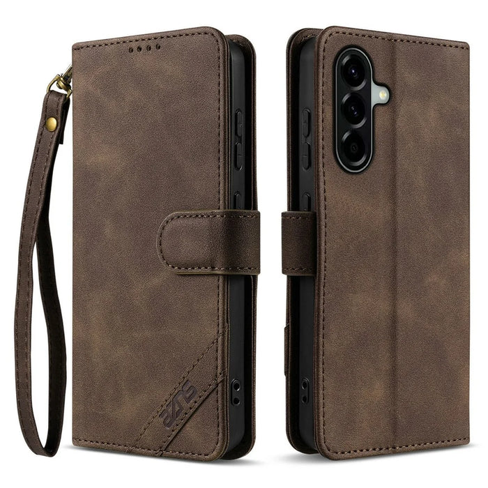 AZNS A2 for Samsung Galaxy A57 5G Leather Case with Wrist Strap RFID Blocking Wallet Stand Phone Cover - Brown - 1