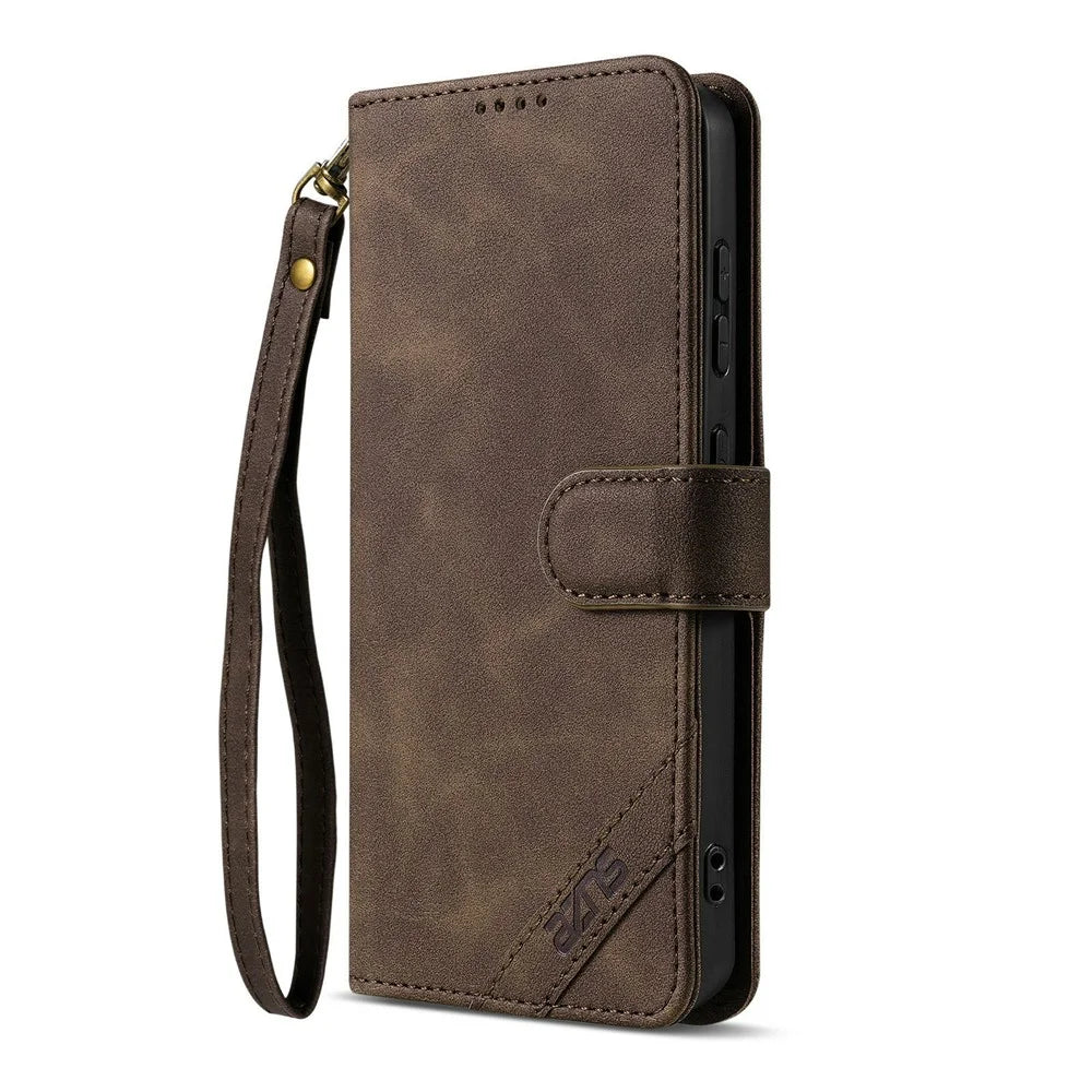 AZNS A2 for Samsung Galaxy S24 FE Leather Case with Wrist Strap RFID Blocking Wallet Stand Phone Cover - Brown - 4
