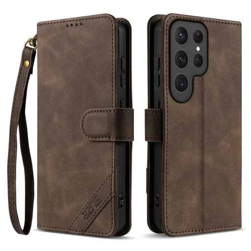 AZNS A2 for Samsung Galaxy S24 Ultra Leather Case with Wrist Strap RFID Blocking Wallet Stand Phone Cover - Brown - 1