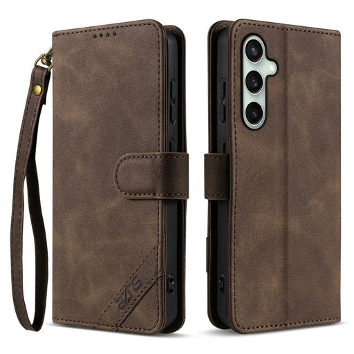AZNS A2 for Samsung Galaxy S24 Leather Case with Wrist Strap RFID Blocking Wallet Stand Phone Cover - Brown - 1