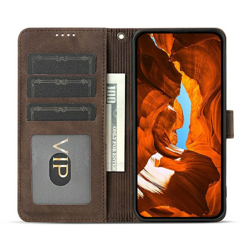 AZNS A2 for Samsung Galaxy S24 Leather Case with Wrist Strap RFID Blocking Wallet Stand Phone Cover - Brown - 2
