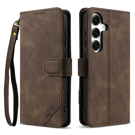 AZNS A2 for Samsung Galaxy S25+ Leather Case with Wrist Strap RFID Blocking Wallet Stand Phone Cover - Brown - 1