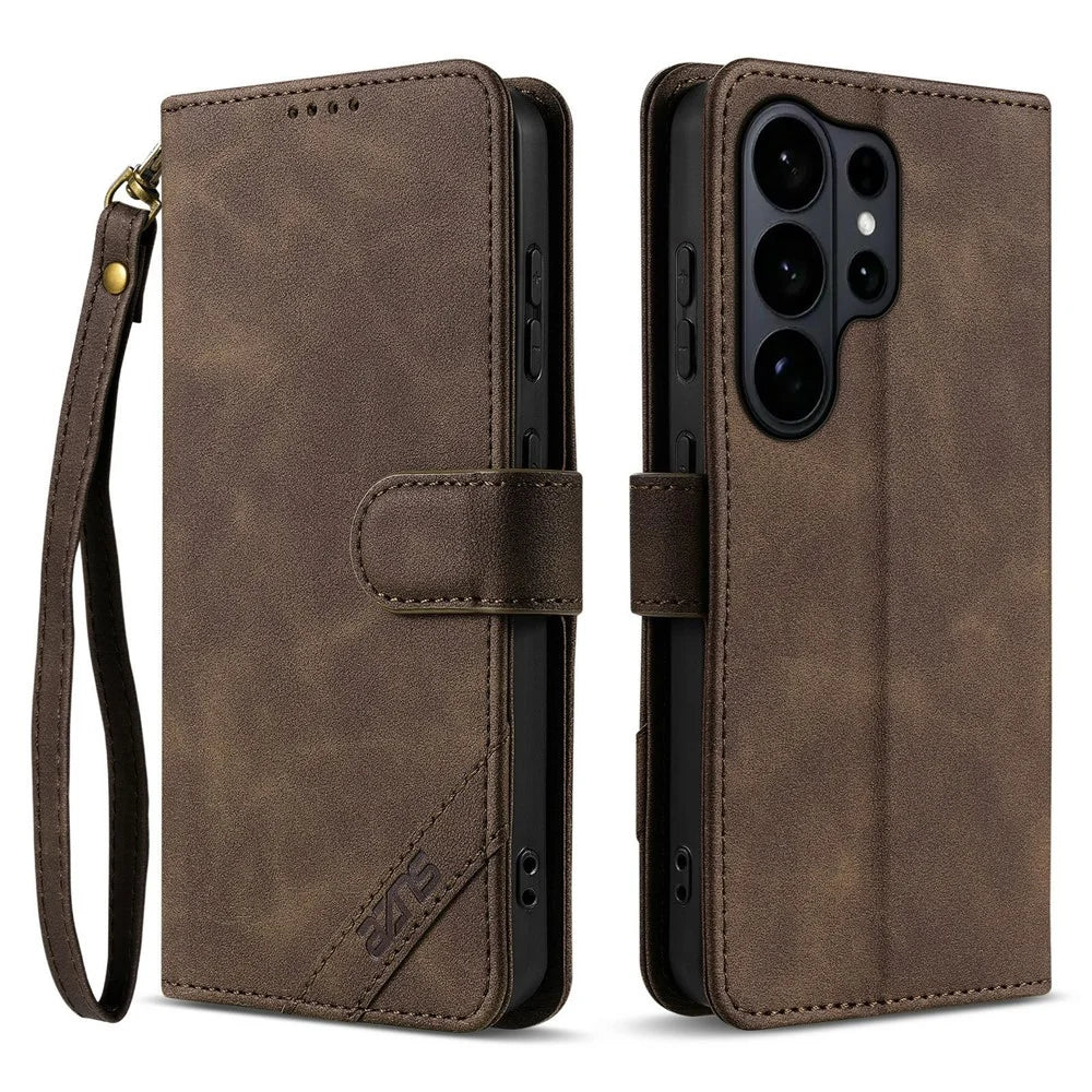 AZNS A2 for Samsung Galaxy S26 Ultra Leather Case with Wrist Strap RFID Blocking Wallet Stand Phone Cover - Brown - 1