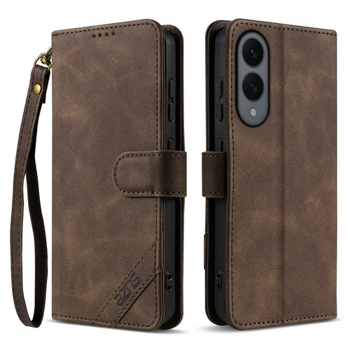 AZNS A2 for Samsung Galaxy S25 Edge Leather Case with Wrist Strap RFID Blocking Wallet Stand Phone Cover - Brown - 1