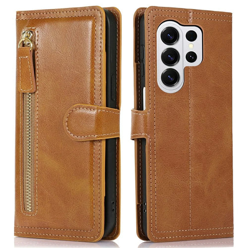 For Samsung Galaxy S26 Ultra Case Zipper Flip Leather Phone Cover with Card Holder - Orange - 1