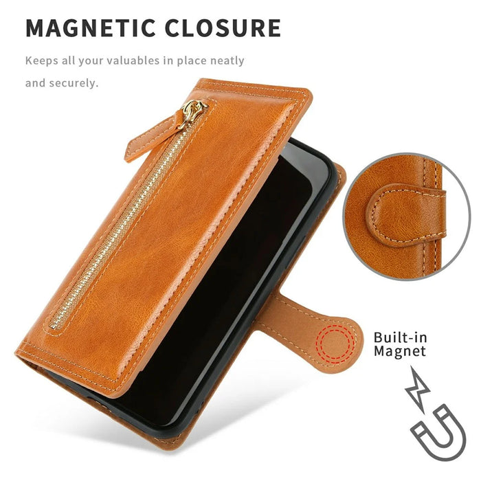 For Samsung Galaxy S26+ Case Zipper Flip Leather Phone Cover with Card Holder - Orange - 6