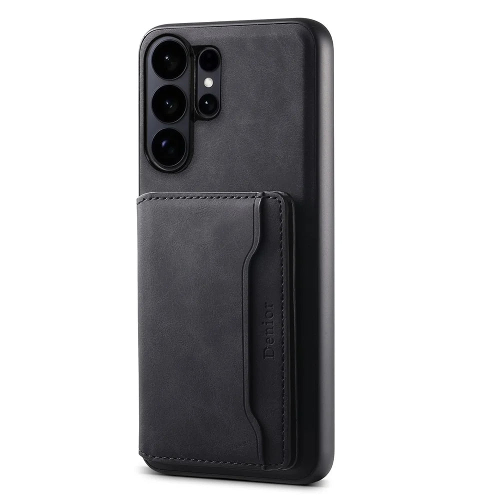 DENIOR D13 For Samsung Galaxy S26 Ultra Magnetic Case Card Holder Leather Coated PC + TPU Phone Cover - Black - 1