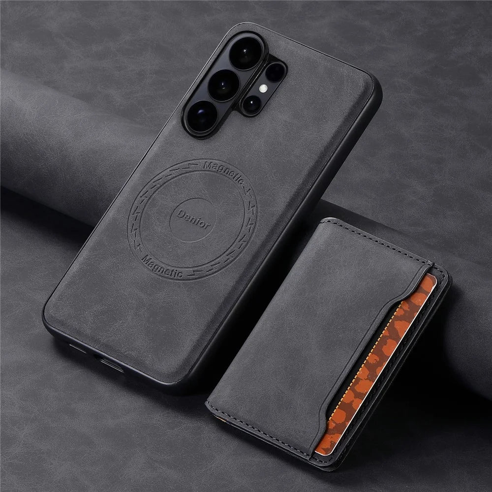 DENIOR D13 For Samsung Galaxy S26 Ultra Magnetic Case Card Holder Leather Coated PC + TPU Phone Cover - Black - 7