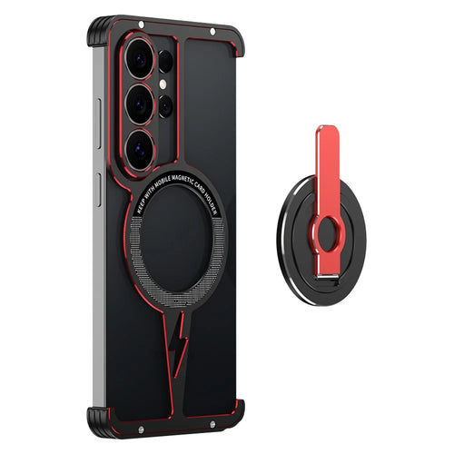 For Samsung Galaxy S26 Ultra Magnetic Case Aluminum Alloy Framless Phone Cover with Kickstand / Lens Protector - Black  /  Red - 1