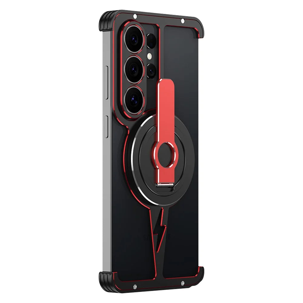 For Samsung Galaxy S26 Ultra Magnetic Case Aluminum Alloy Framless Phone Cover with Kickstand / Lens Protector - Black  /  Red - 2