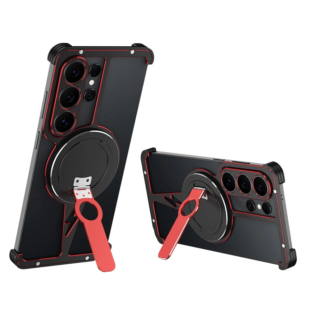 For Samsung Galaxy S26 Ultra Magnetic Case Aluminum Alloy Framless Phone Cover with Kickstand / Lens Protector - Black  /  Red - 3