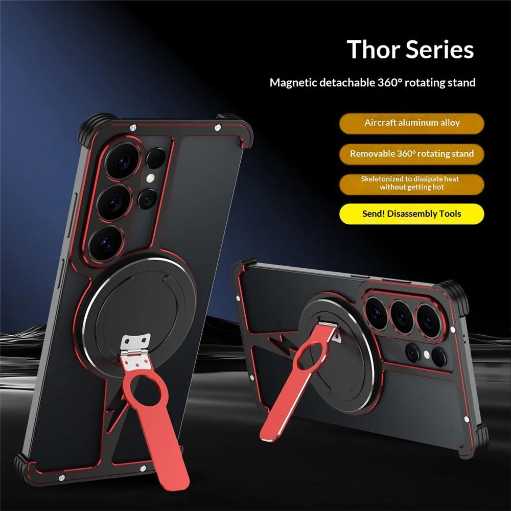 For Samsung Galaxy S26 Ultra Magnetic Case Aluminum Alloy Framless Phone Cover with Kickstand / Lens Protector - Black  /  Red - 4