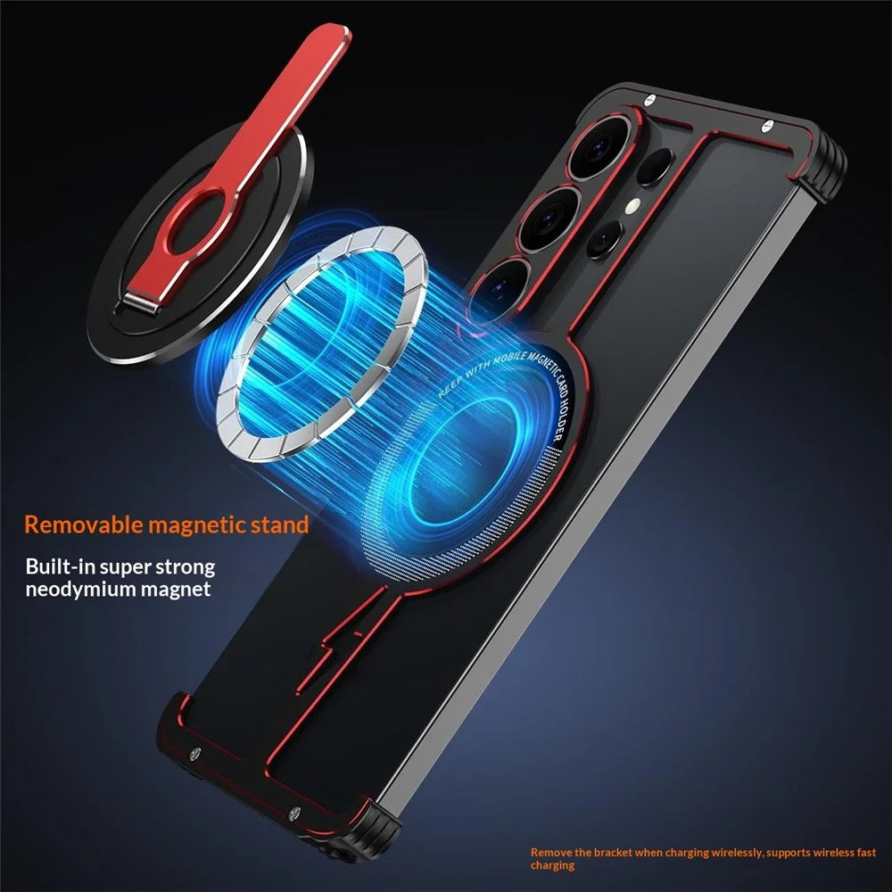 For Samsung Galaxy S26 Ultra Magnetic Case Aluminum Alloy Framless Phone Cover with Kickstand / Lens Protector - Black  /  Red - 5