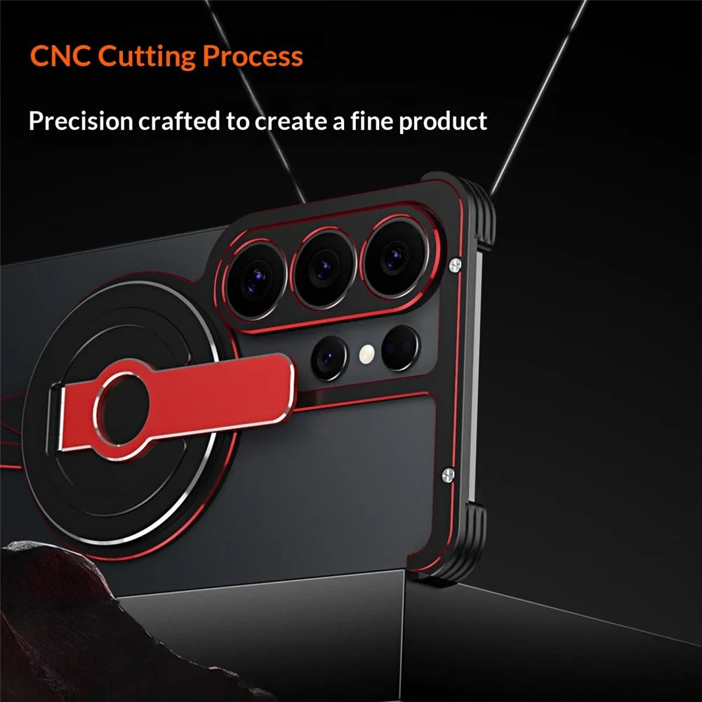 For Samsung Galaxy S26 Ultra Magnetic Case Aluminum Alloy Framless Phone Cover with Kickstand / Lens Protector - Black  /  Red - 6