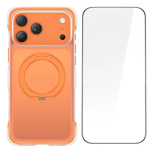 For iPhone 17 Pro Max Magnetic Phone Case Matte Anti-Fingerprint Cover with 360° Rotating Kickstand and Tempered Glass - Orange - 1