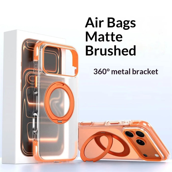 For iPhone 17 Pro Max Magnetic Phone Case Matte Anti-Fingerprint Cover with 360° Rotating Kickstand and Tempered Glass - Orange - 3