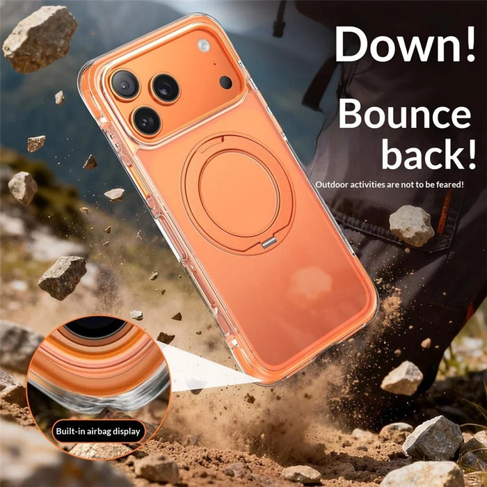 For iPhone 17 Pro Max Magnetic Phone Case Matte Anti-Fingerprint Cover with 360° Rotating Kickstand and Tempered Glass - Orange - 4