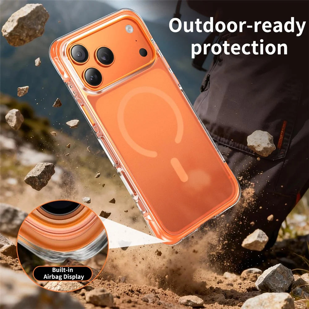 For iPhone 17 Pro Magnetic Phone Case Matte TPU Acrylic Back Cover with Tempered Glass - Orange - 4
