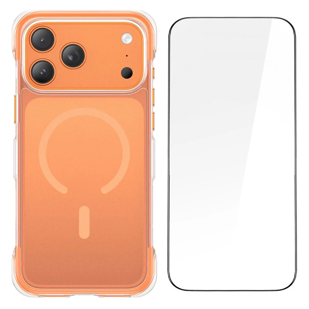 For iPhone 17 Pro Max Magnetic Phone Case Matte TPU Acrylic Back Cover with Tempered Glass - Orange - 1