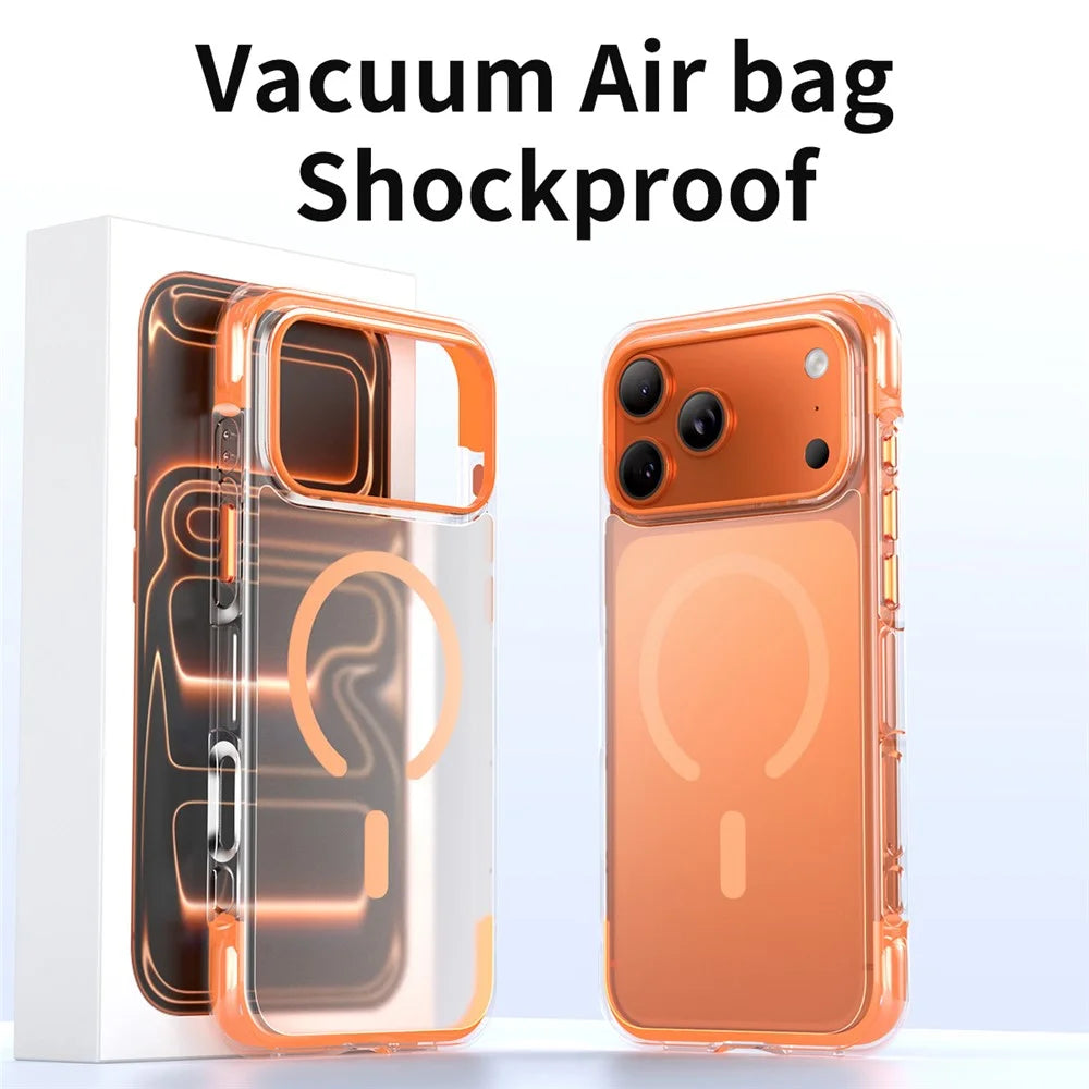 For iPhone 17 Pro Max Magnetic Phone Case Matte TPU Acrylic Back Cover with Tempered Glass - Orange - 3