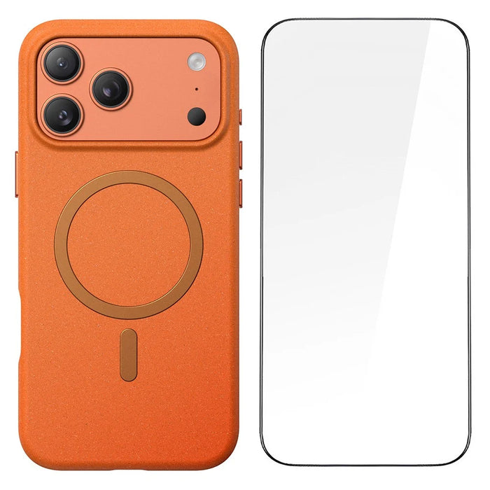 For iPhone 17 Pro Max Matte Magnetic Phone Case with Tempered Glass Anti-Fingerprint Protective Cover - Orange - 1