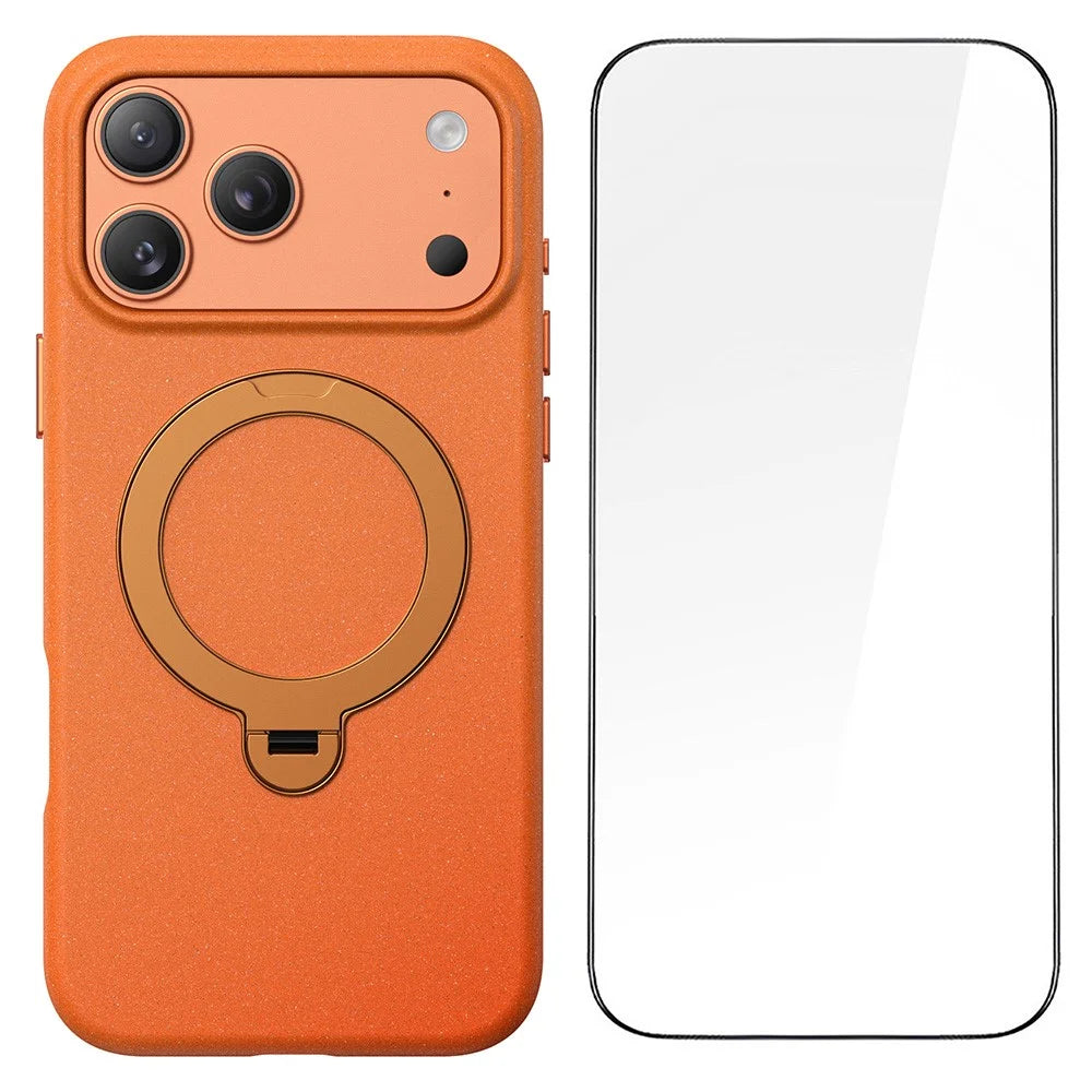 For iPhone 17 Pro Max Matte Magnetic Case with Tempered Glass 360° Ring Kickstand Shockproof Cover - Orange - 1