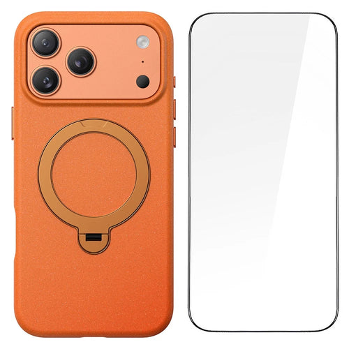 For iPhone 17 Pro Max Matte Magnetic Case with Tempered Glass 360° Ring Kickstand Shockproof Cover - Orange - 1