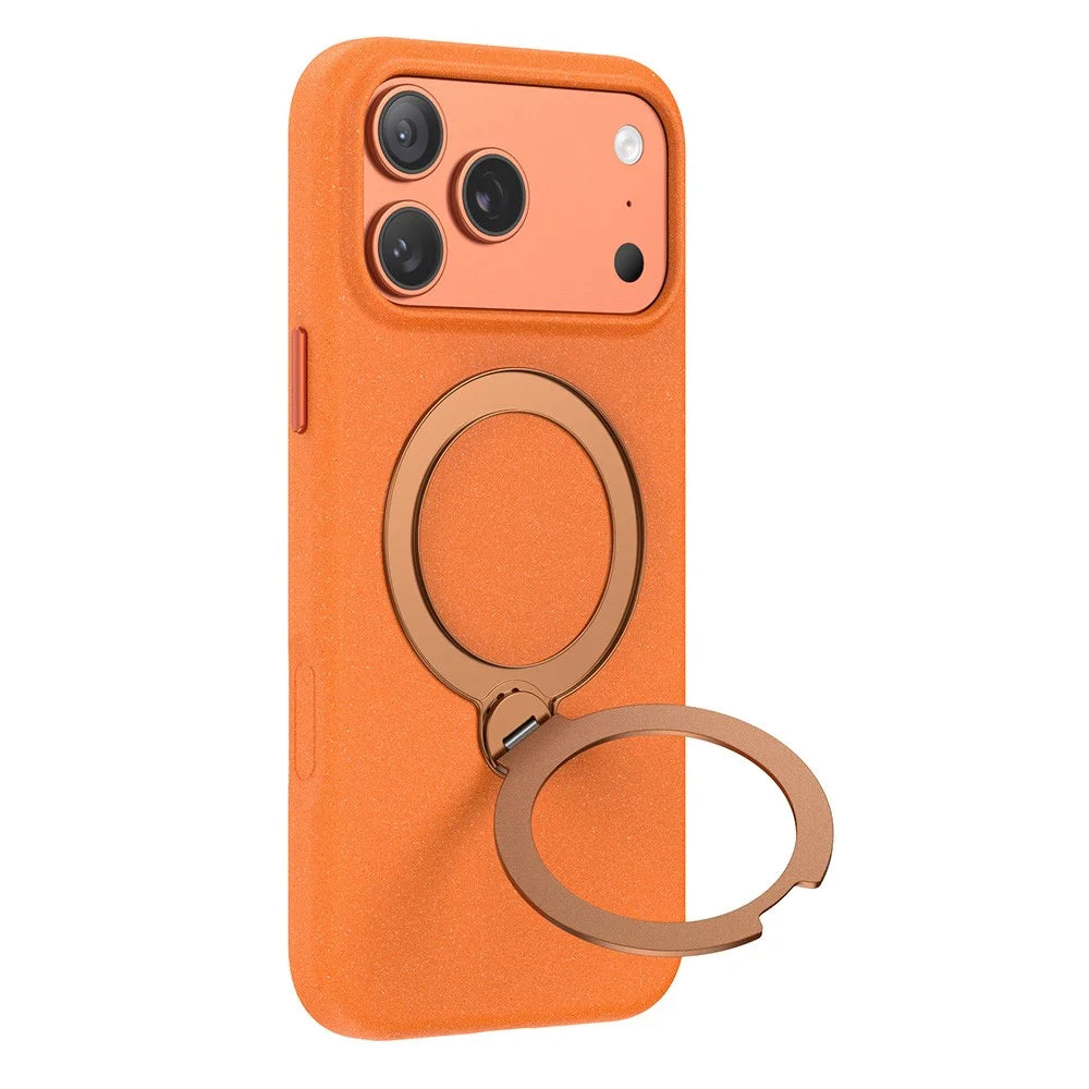 For iPhone 17 Pro Max Matte Magnetic Case with Tempered Glass 360° Ring Kickstand Shockproof Cover - Orange - 2
