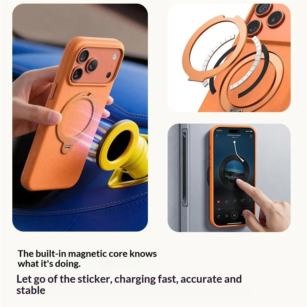For iPhone 17 Pro Max Matte Magnetic Case with Tempered Glass 360° Ring Kickstand Shockproof Cover - Orange - 5
