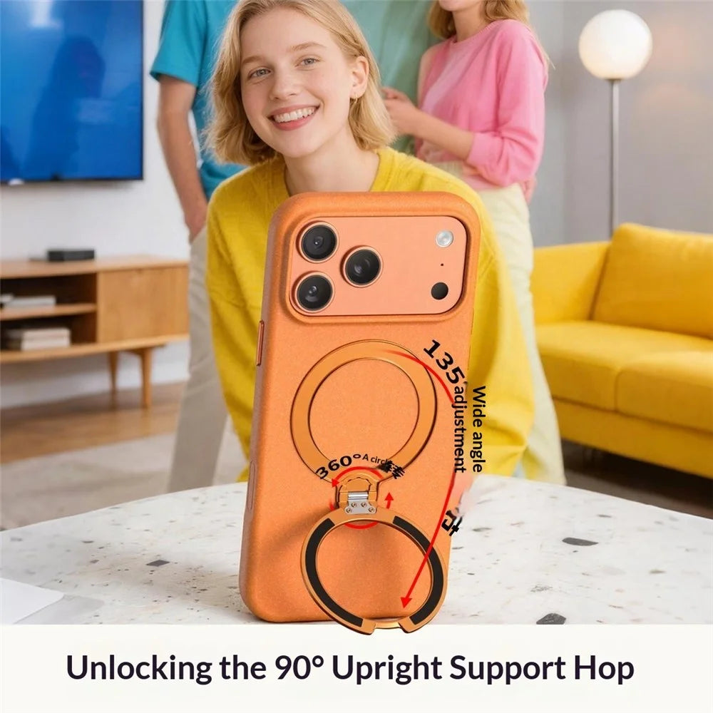 For iPhone 17 Pro Matte Magnetic Case with Tempered Glass 360° Ring Kickstand Shockproof Cover - Orange - 3