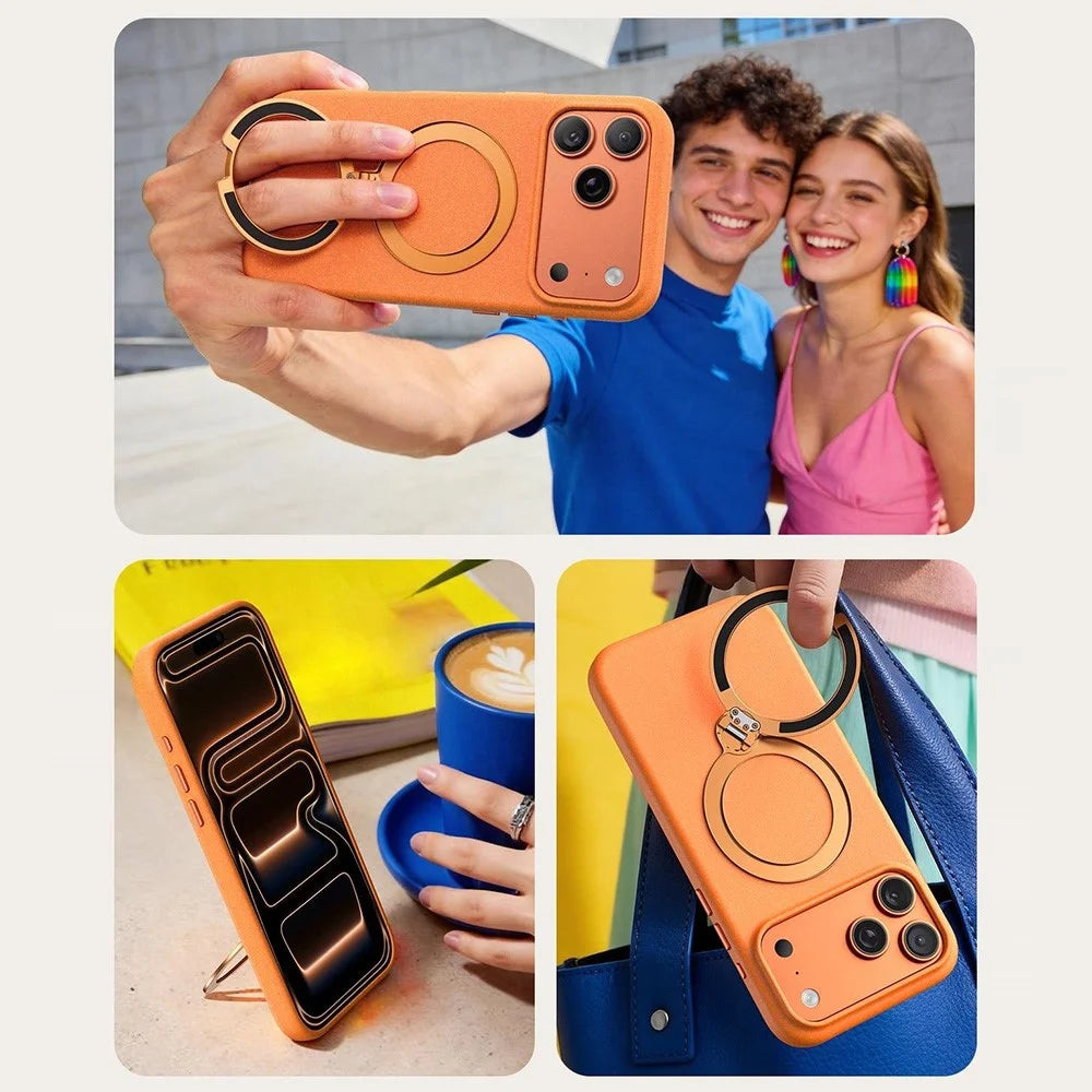 For iPhone 17 Pro Matte Magnetic Case with Tempered Glass 360° Ring Kickstand Shockproof Cover - Orange - 6