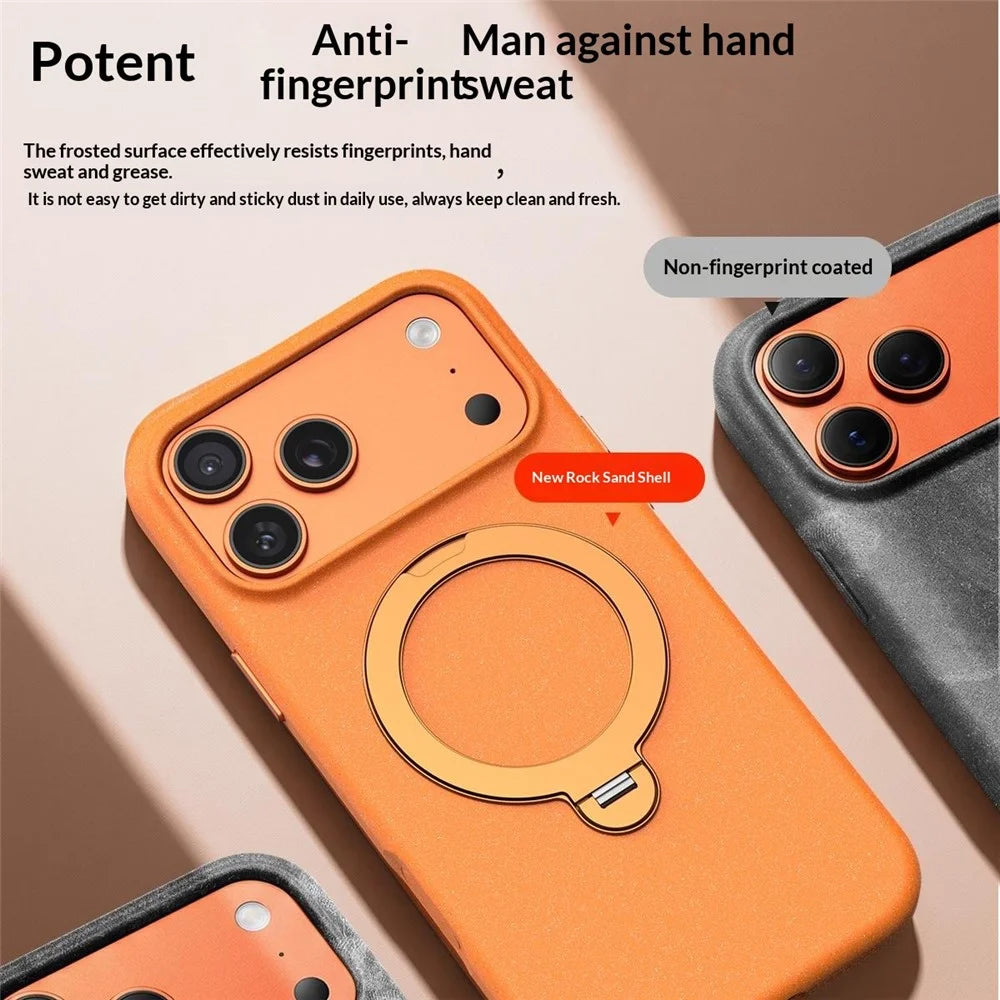 For iPhone 17 Pro Matte Magnetic Case with Tempered Glass 360° Ring Kickstand Shockproof Cover - Orange - 7