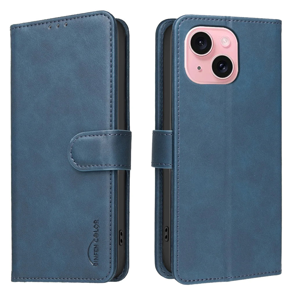 BINFEN COLOR For iPhone 15  BF37 Case RFID Blocking Wallet Stand Leather Phone Cover - Blue - 1