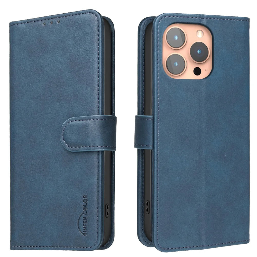 BINFEN COLOR For iPhone 15 Pro Max  BF37 Case RFID Blocking Wallet Stand Leather Phone Cover - Blue - 1