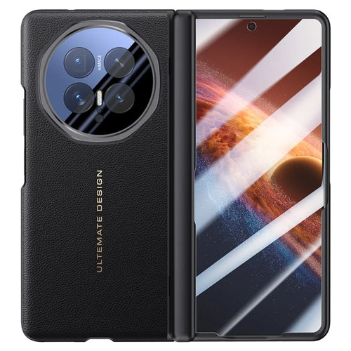 For Honor Magic V6 5G Case Leather + PC Phone Cover with HD Tempered Glass Film, Lens Kickstand - Black - 1