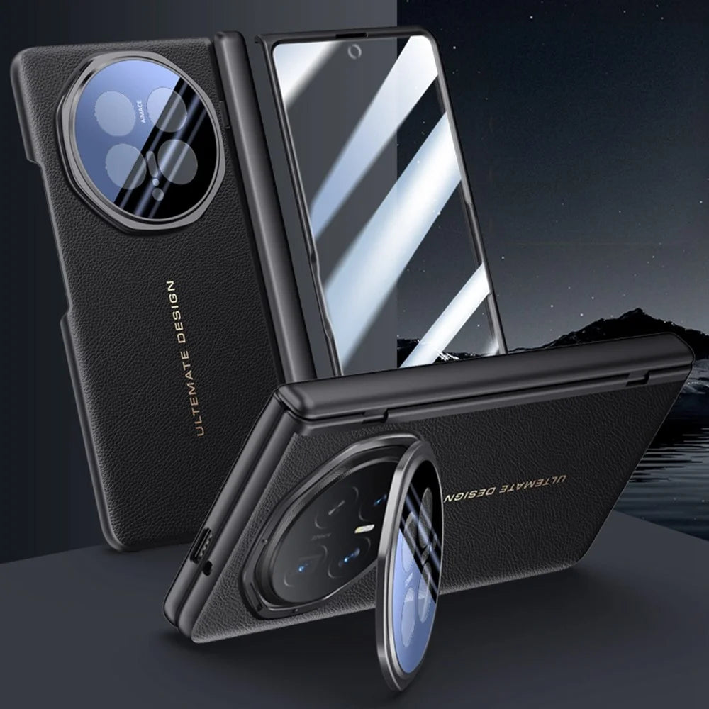 For Honor Magic V6 5G Case Leather + PC Phone Cover with HD Tempered Glass Film, Lens Kickstand - Black - 2