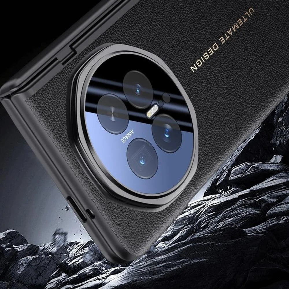 For Honor Magic V6 5G Case Leather + PC Phone Cover with HD Tempered Glass Film, Lens Kickstand - Black - 5