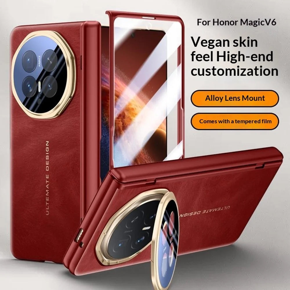 For Honor Magic V6 5G Case Leather + PC Phone Cover with HD Tempered Glass Film, Lens Kickstand - Black - 7