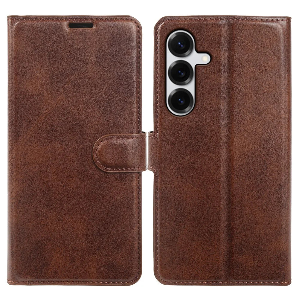 For Samsung Galaxy S25+ Case Stand Wallet Calf Texture PU Leather Flip Phone Cover - Brown - 1
