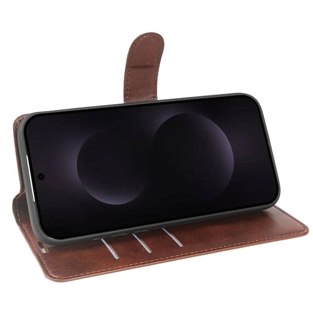 For Samsung Galaxy S25+ Case Stand Wallet Calf Texture PU Leather Flip Phone Cover - Brown - 2