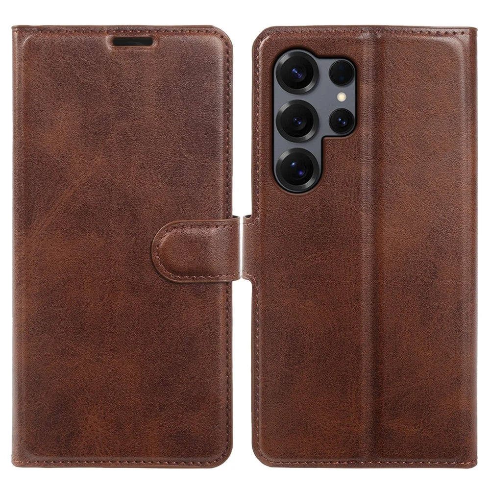For Samsung Galaxy S25 Ultra Case Stand Wallet Calf Texture PU Leather Flip Phone Cover - Brown - 1